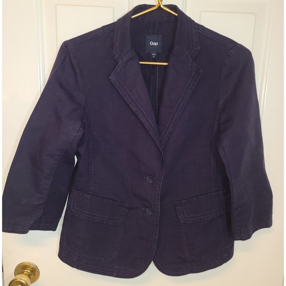 GAP Jackets & Blazers - Gap Blazer Womens 6 Navy Blue Linen Blend Notch Lapel 3/4 Sleeve Prep Academic